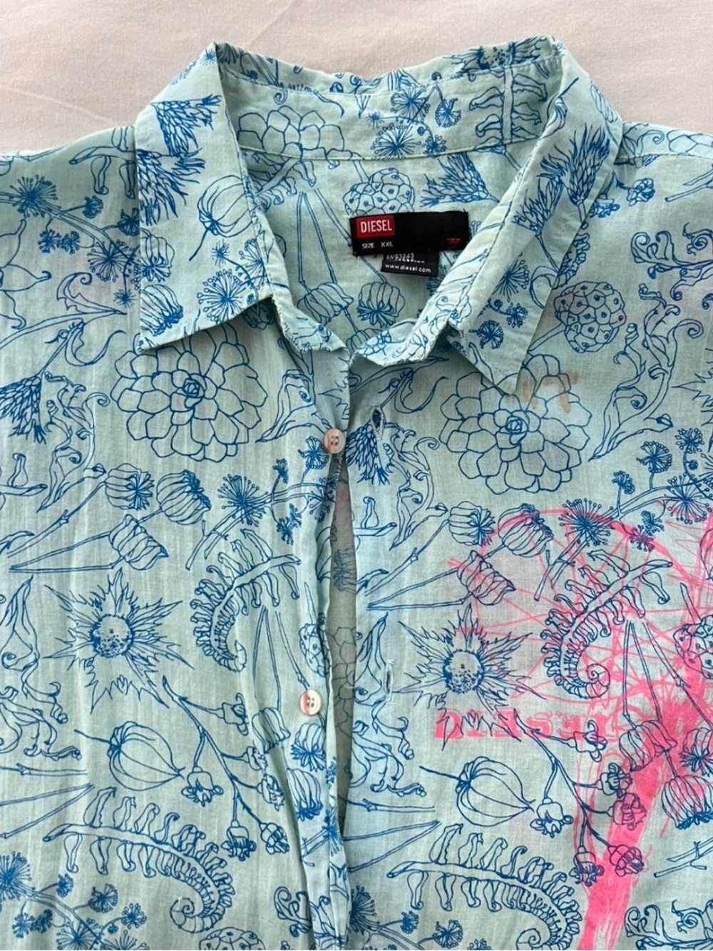 Vintage 90s Diesel Light Blue Floral Print Button-Down with Pink Accent